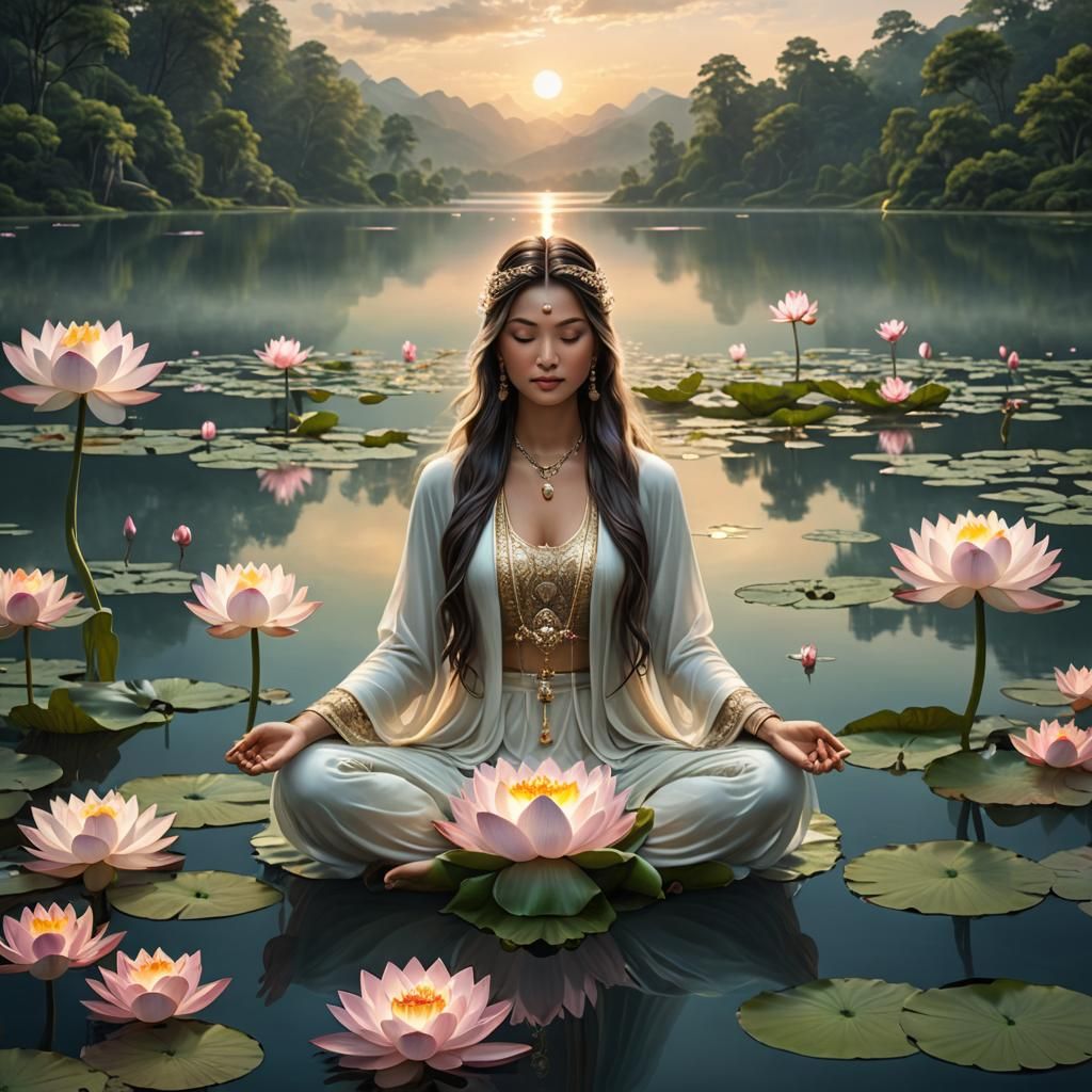 Create an image of a mystical, serene scene featuring a youn...