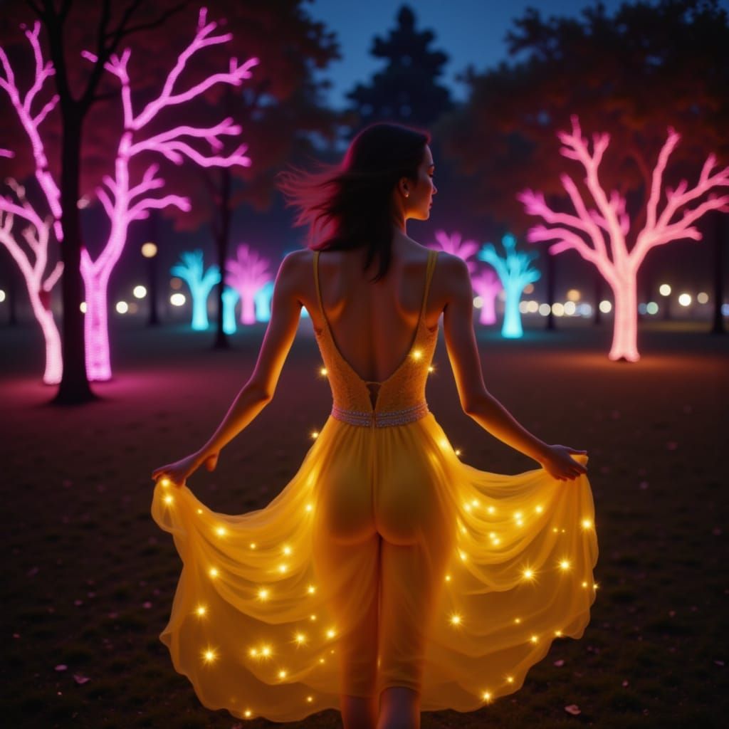 Yellow spinning dress on woman in a park beautiful neon night life <lora:Dancer Lumina:1.0>
