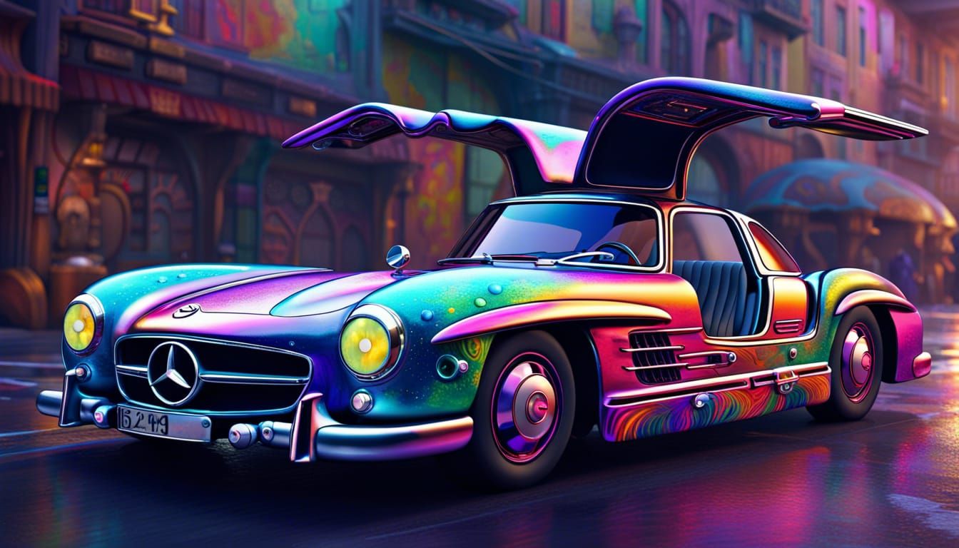 gullwing mercedes with psychedelic paint, six wheels on each side, funny alien city, detailed matte painting, ...  by @ukimalefu