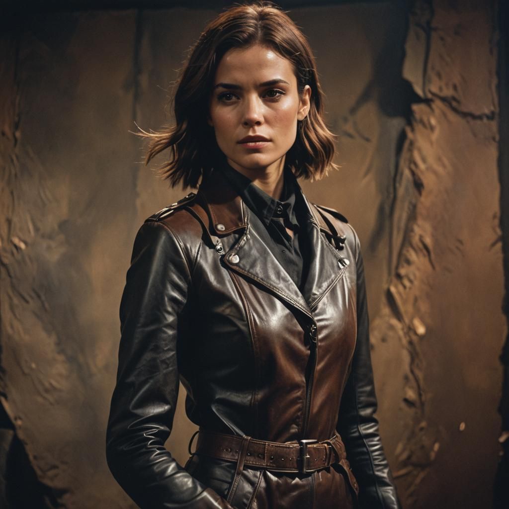 woman in brown and black leather, Cinematic film still, shot on v