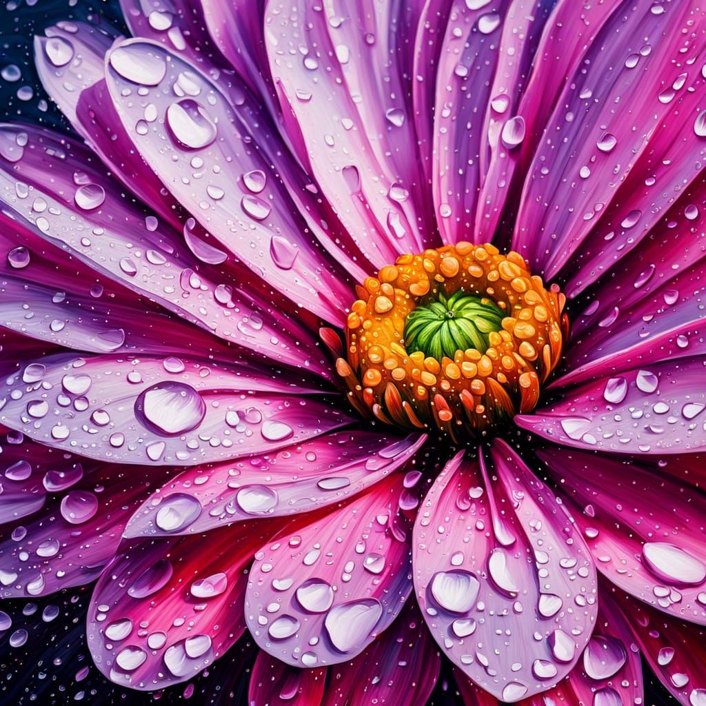 Pink Flower with Dew Drops as Impasto Oil Painting