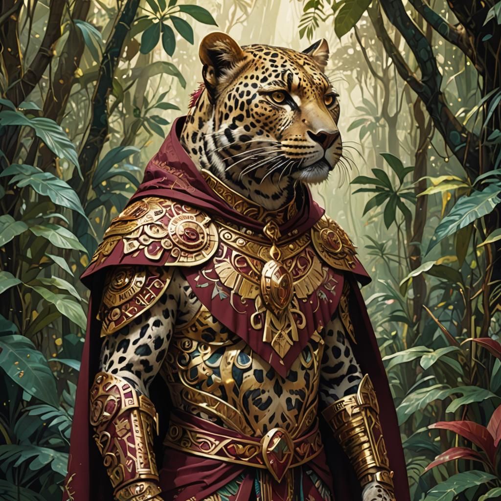 aztec warrior leopard, standing in the jungle, wearing a burgundy cape, golden outlines, highly detailed, intricate motifs, organic tracery,...