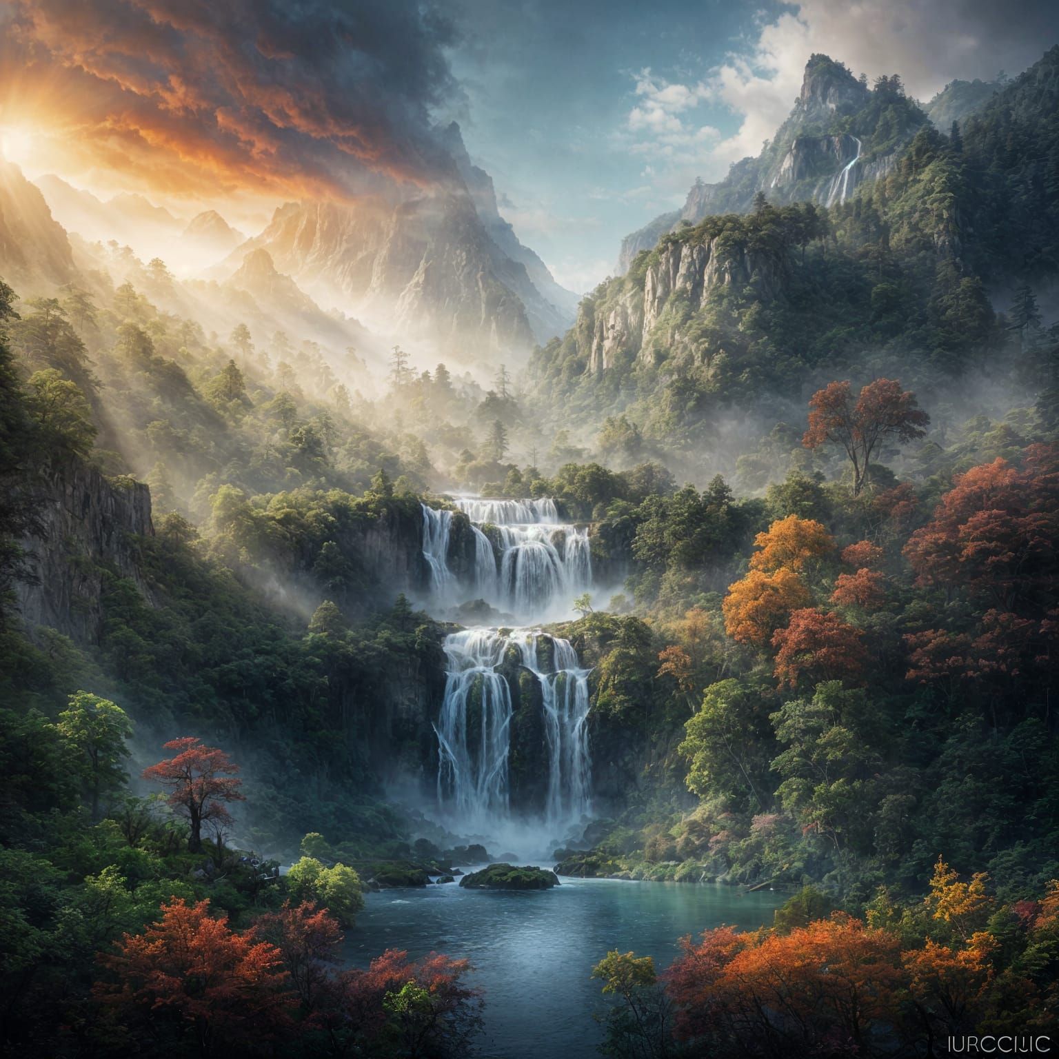 Stunning landscape with waterfall cascade and volcano background   by @Dreamer in Hell