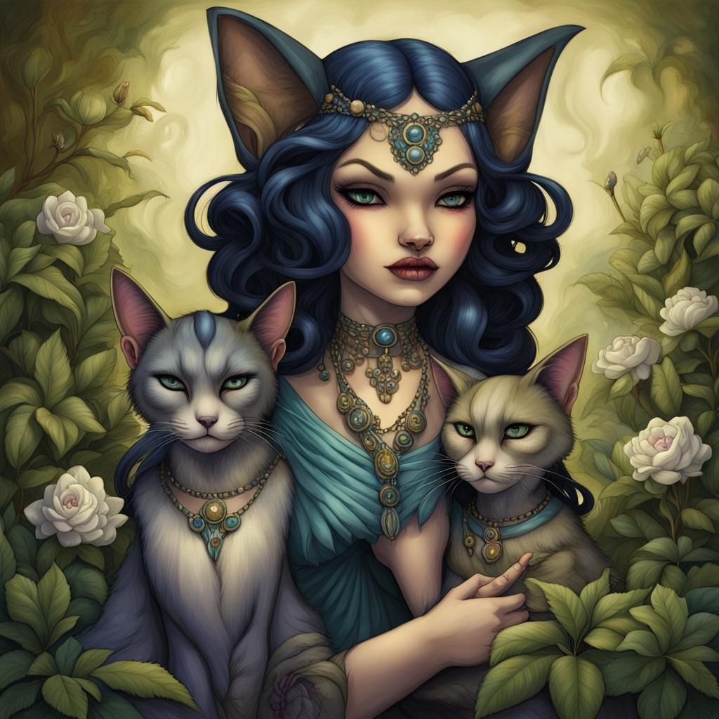 A fantasy illustration of a	female	plus-sized	Bastet	Necromancer	 wearing conservative clothing,	 near ...  by @Lots-of-games-to-play