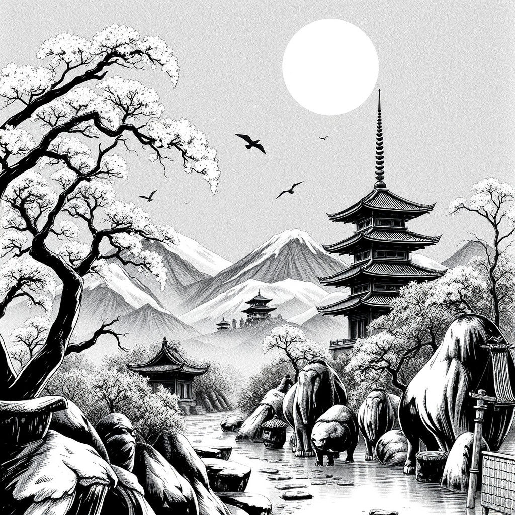 Black & white Ink art, in the style of Disney's Mulan's open...