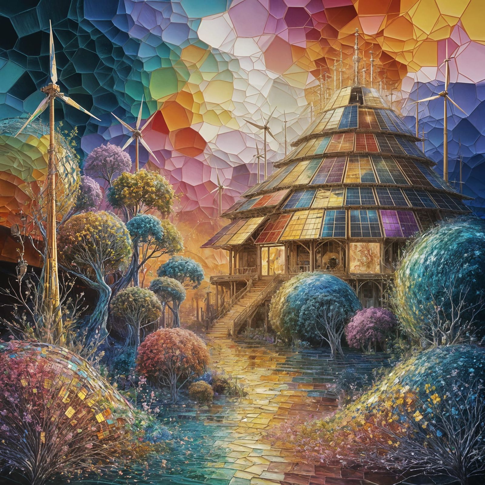 An artistic depiction of a future powered by renewable energy, showcasing a unique building design and a vibrant, mosaic-inspired aesthetic.  by @Phantazia