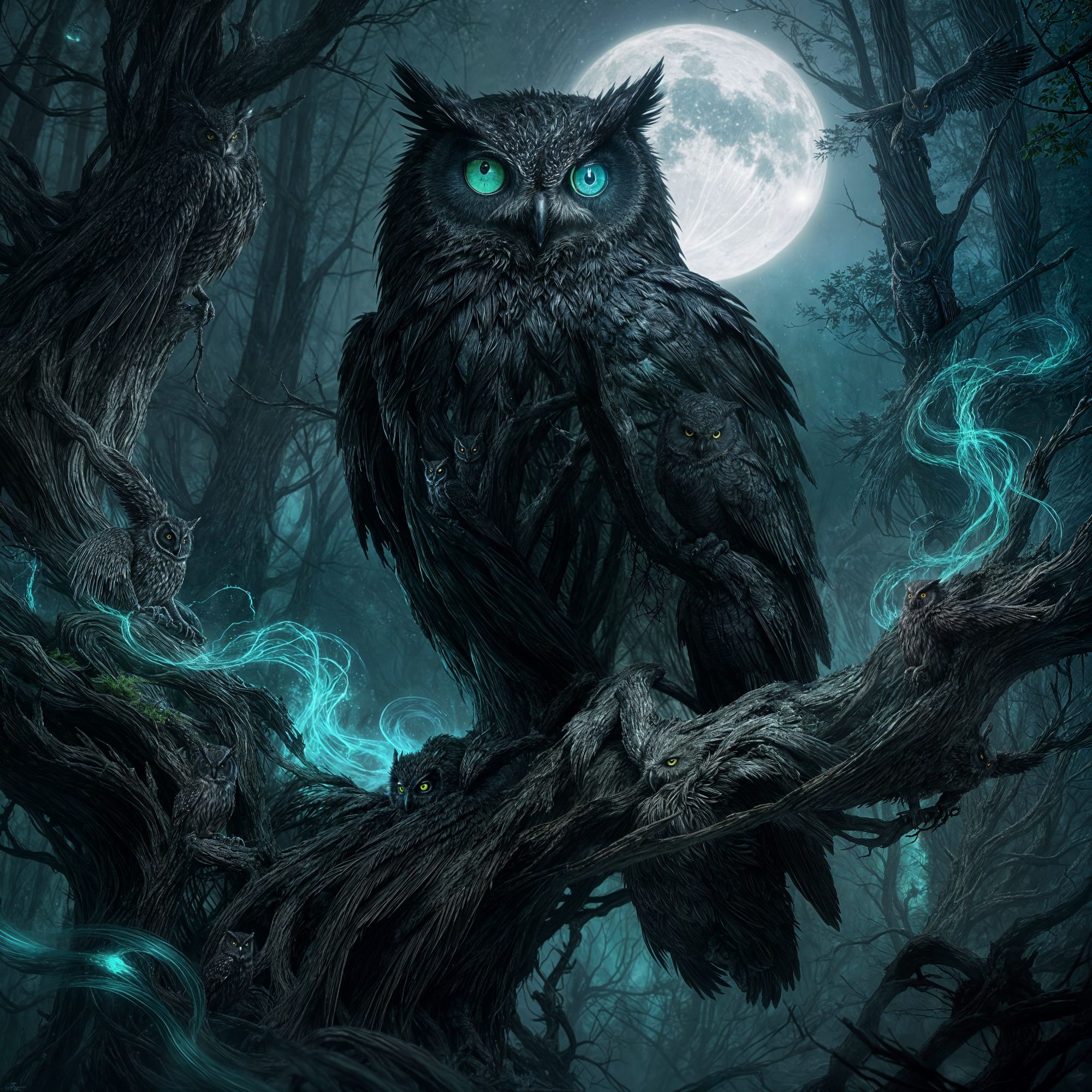 Dark fantasy concept art style. A majestic owl with obsidian feathers and glowing emerald eyes, perched on a gnarled, ancient tree in a moon...