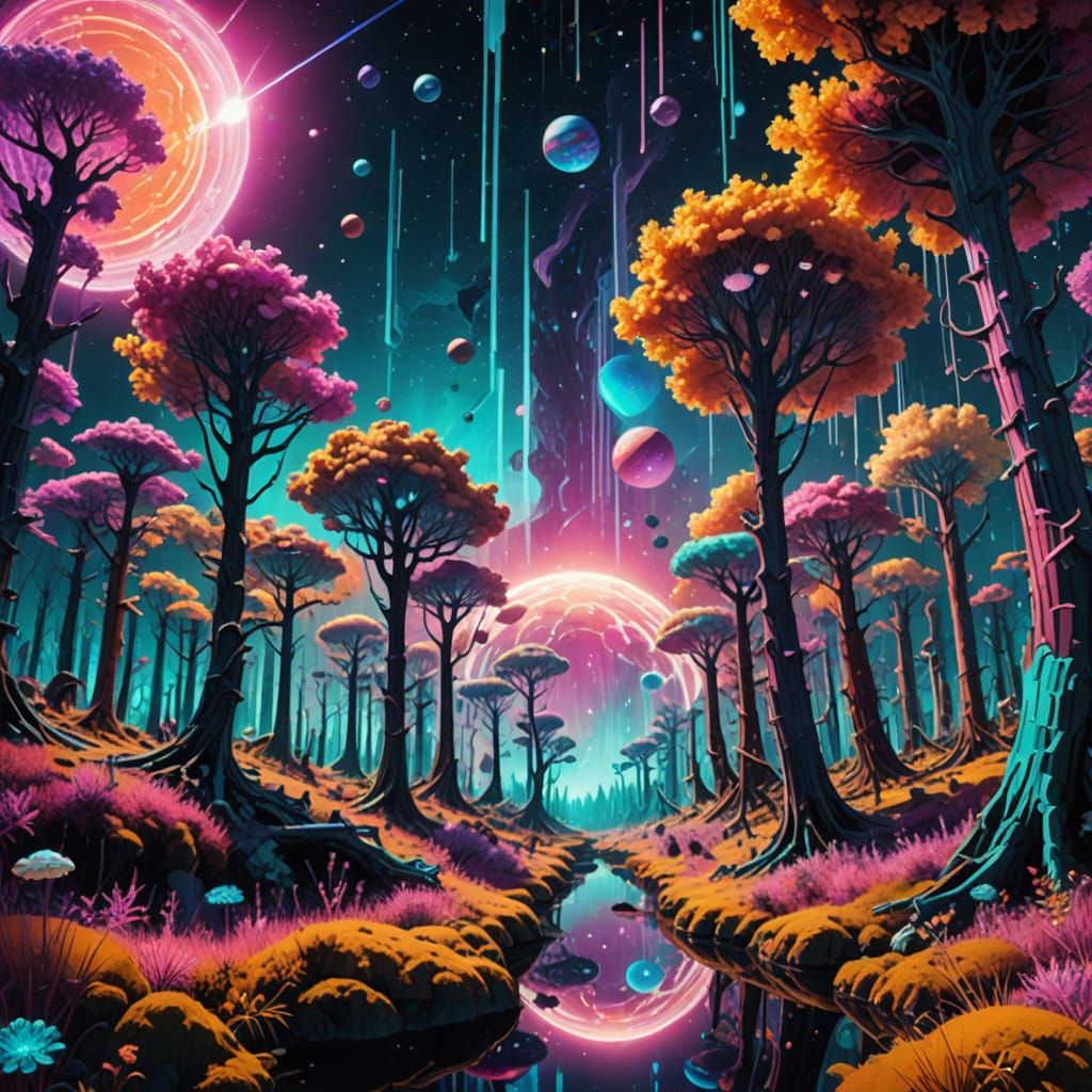 Glitch art. Wide shot. A vibrant, otherworldly forest with trees made of crystalline structures and glowing flora, floating in a cosmic void...