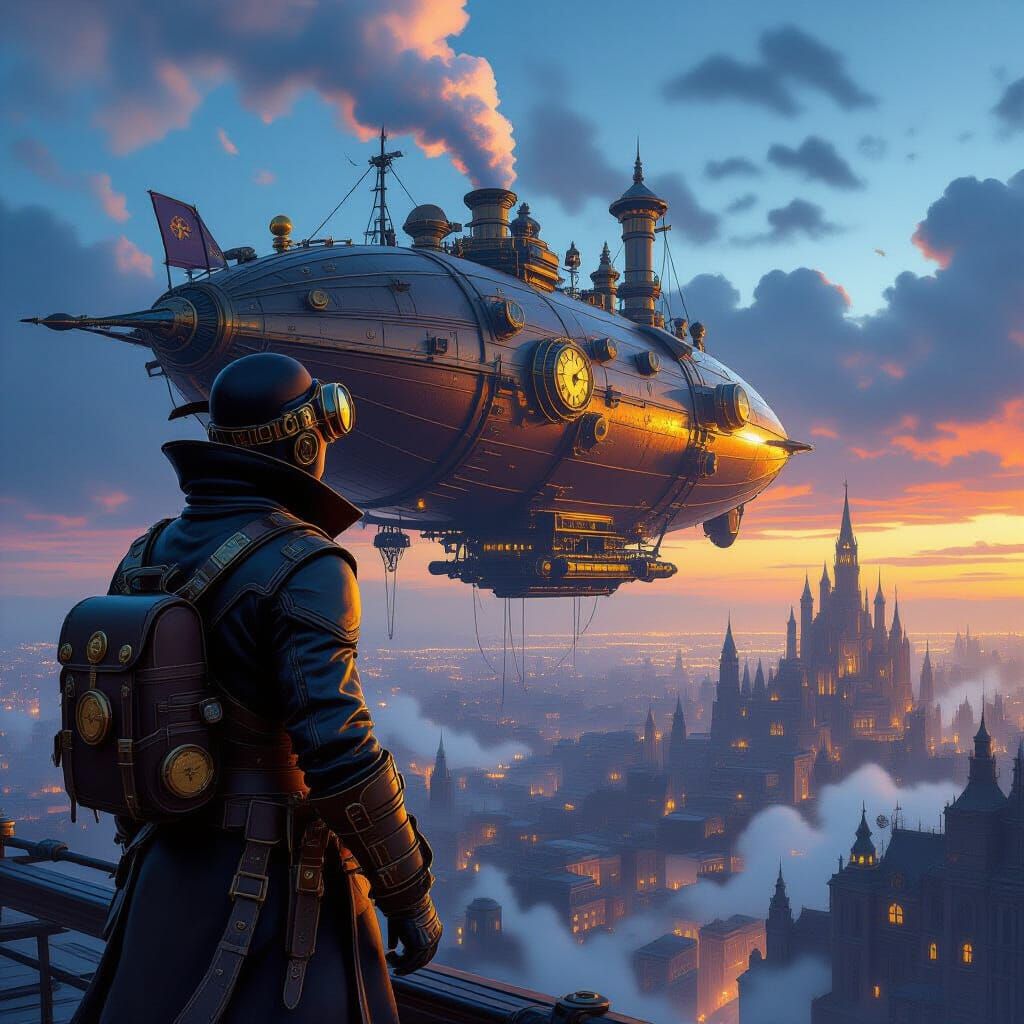 A lone adventurer, clad in weathered leather and brass goggles, stands atop a colossal, gear-laden airship overlooking a sprawling steampunk...