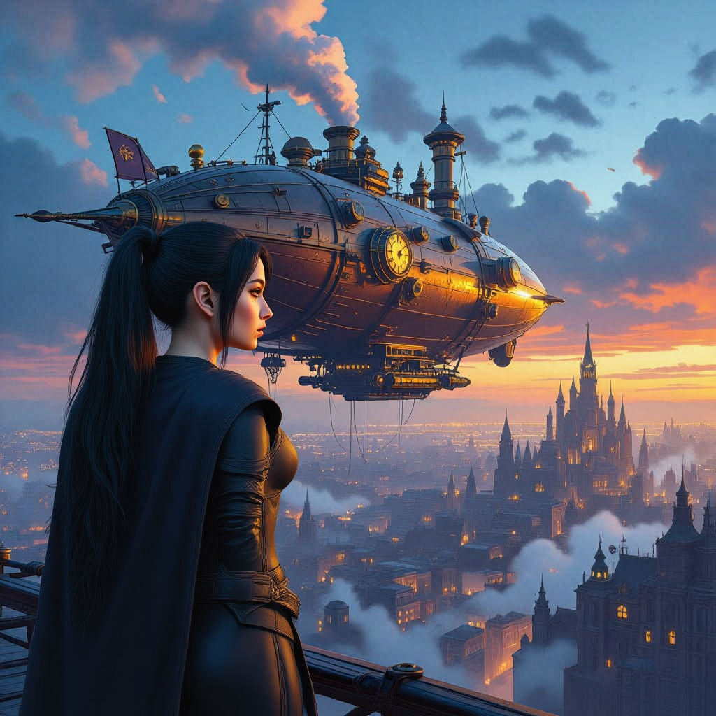 A lone adventurer, clad in weathered leather and brass goggles, stands atop a colossal, gear-laden airship overlooking a...