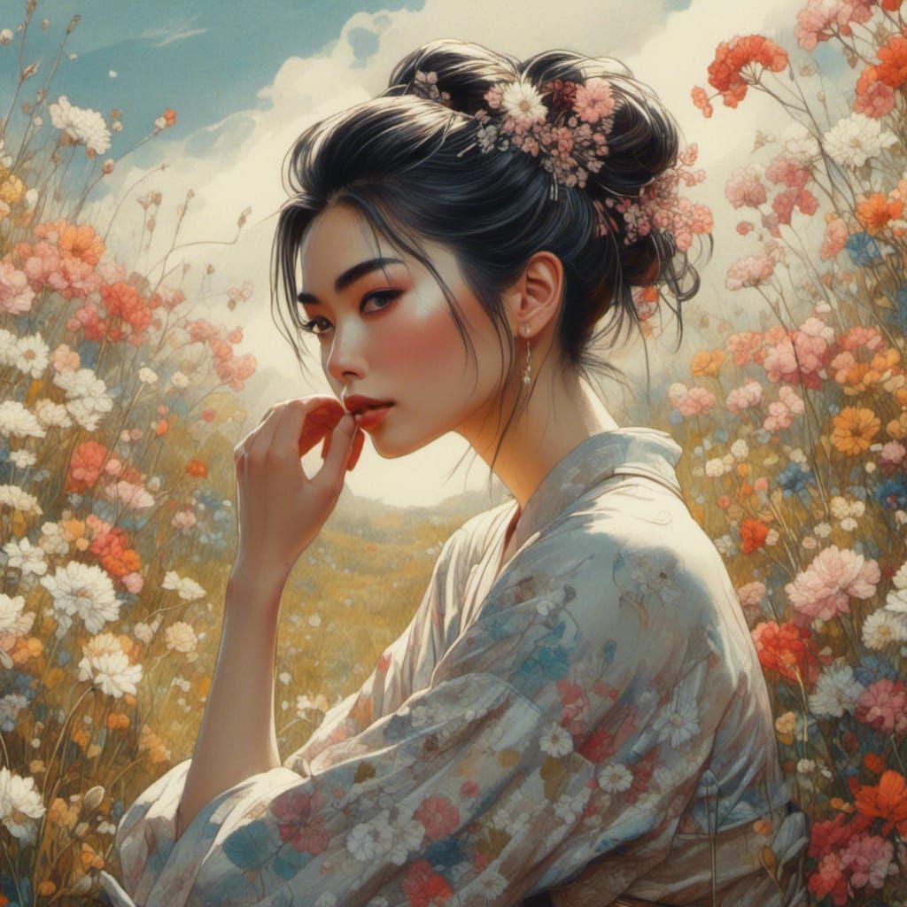 <lora:Art Deco Nouveau:1.0> <lora:Beautiful Geisha:1.0> a beautiful stunning asian woman short wispy hair in a messy bun in a field of wildf...