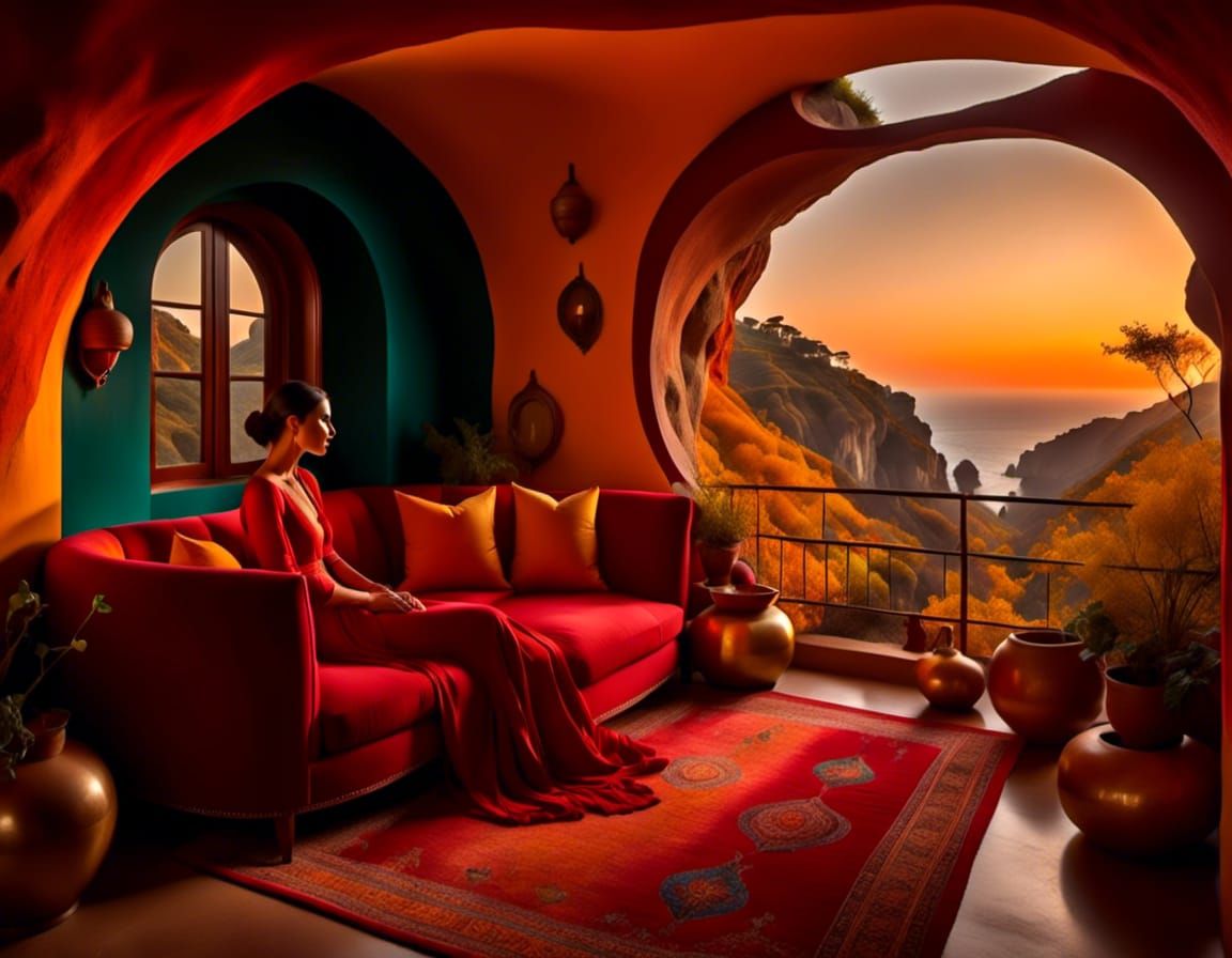 <lora:CaveHome:1.0> idyllic, romanticized, mood, serene, magical, quiet, peaceful hopeful. red yellow orange teal cobalt. woman sitting in...