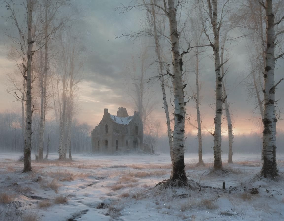 Misty Apocalyptic Birch Meadow in Turner's Painterly Style