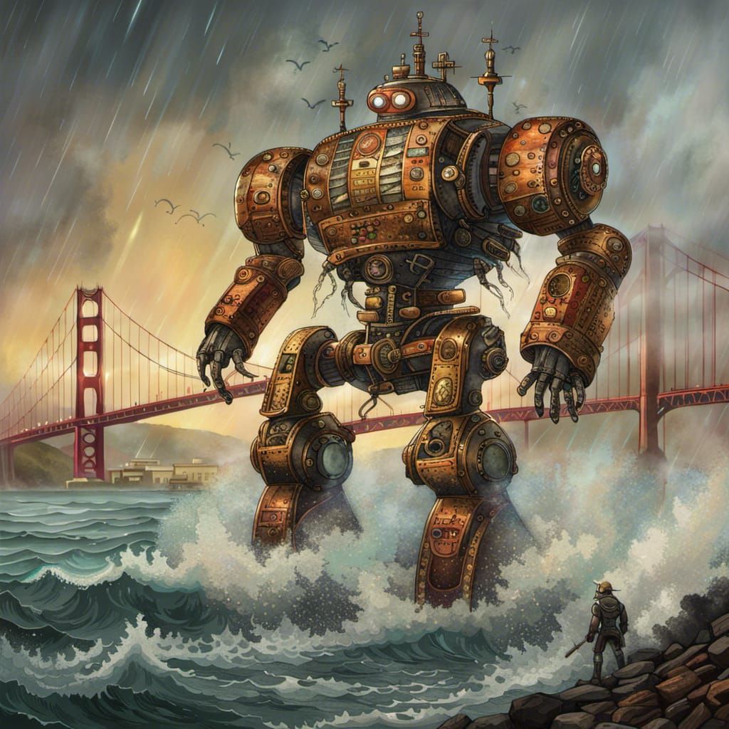 Giant steampunk combat robot rising out of the sea.