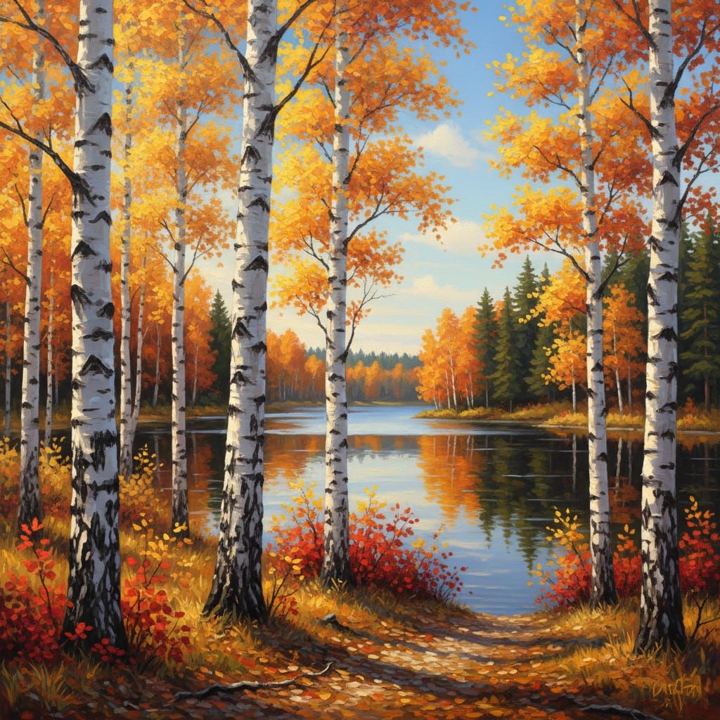 A vibrant autumn forest scene featuring tall, slender birch trees with white bark and distinctive black markings, set against a clear blue s...