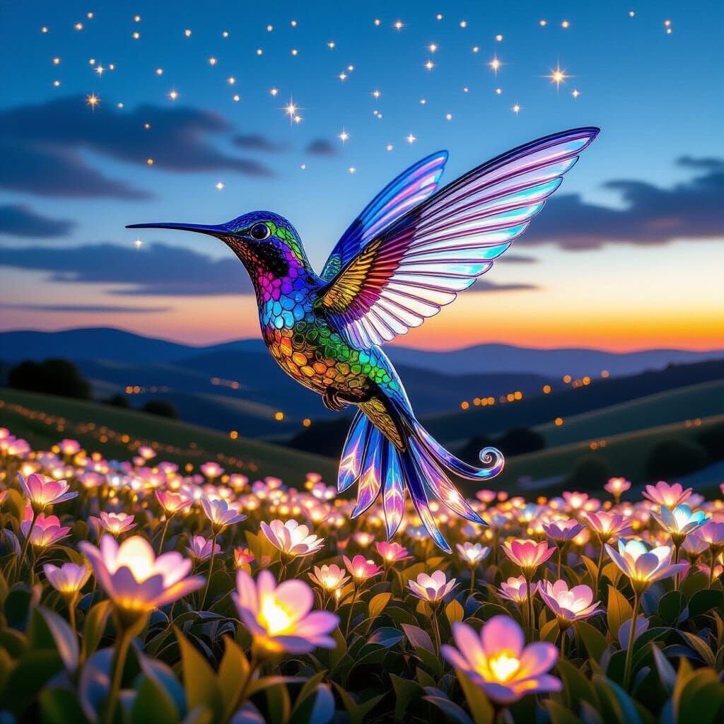 Crystal Hummingbird over Bioluminescent Field
