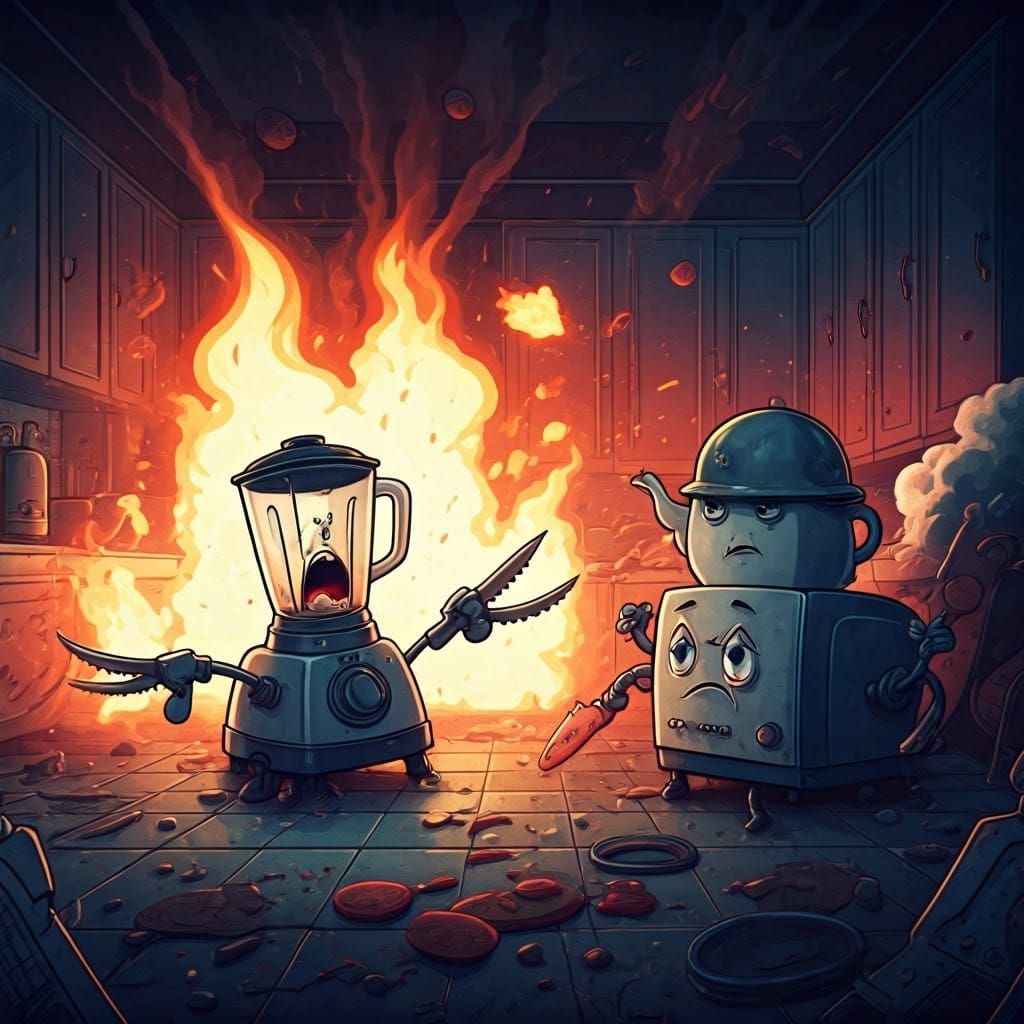 epic battle of the inanimate objects, animated faces screaming battle cries, kitchen war