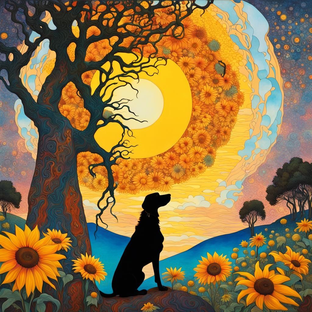 Sillouette of a borzoi dog, surrounded by sunflower trees