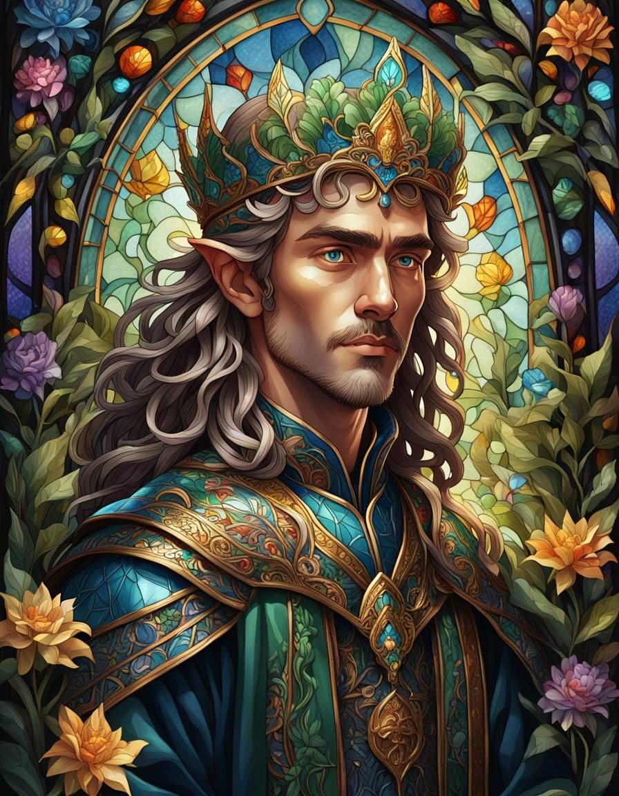 (intricately detailed stained glass portrait of a Elf king with wavy ...