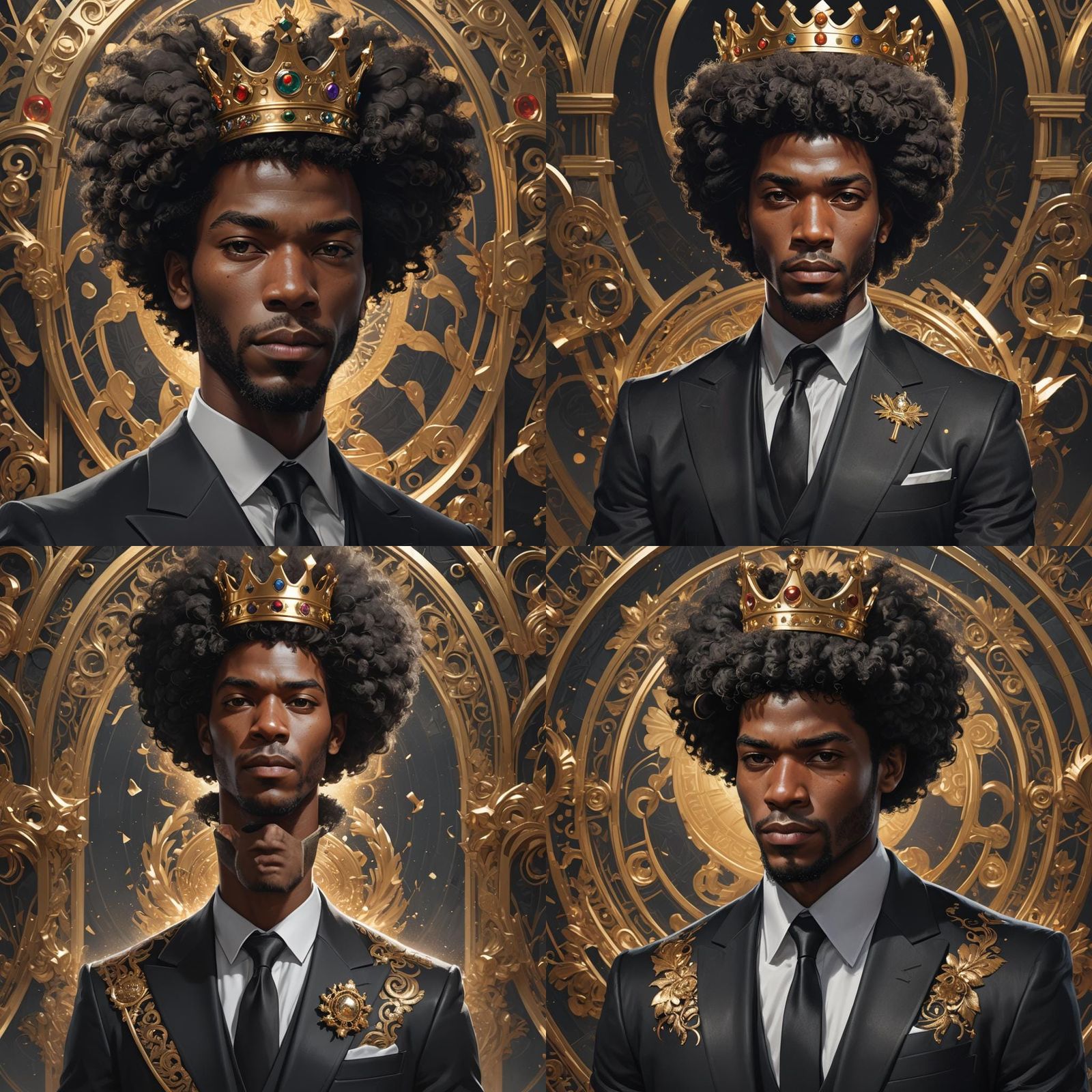 Black man with Afro wearing black suit with king crown