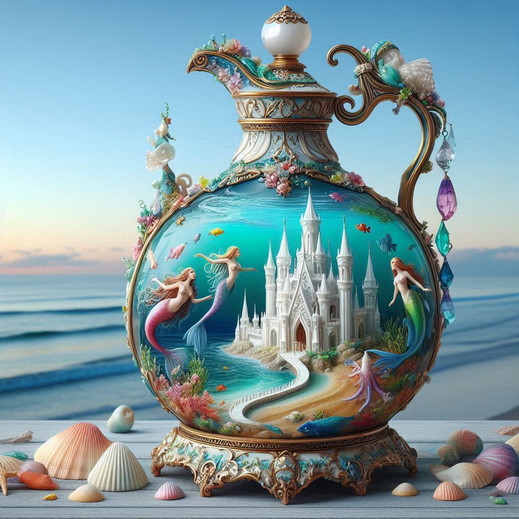 A carafe with a miniature fantasy scenery inside.