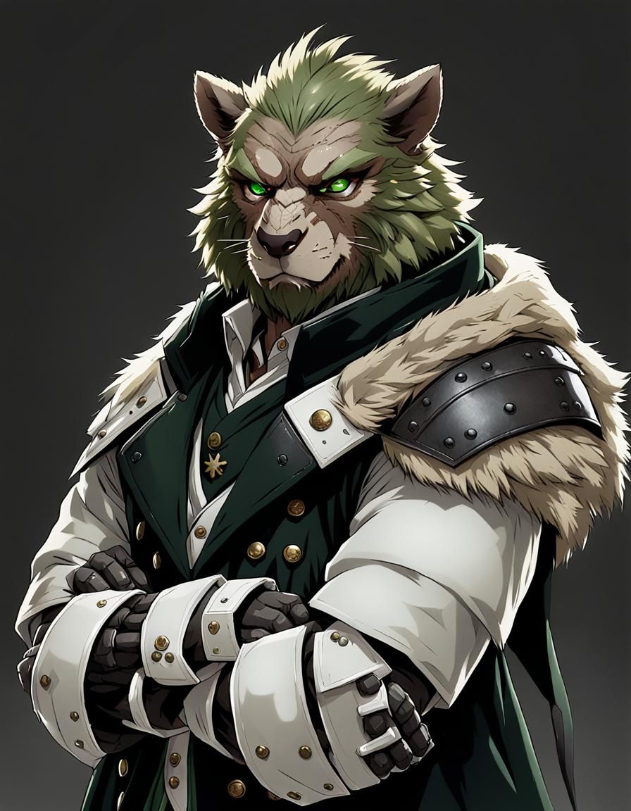 dnd male slim bugbear,short fur, green eyes, wearing arm and...