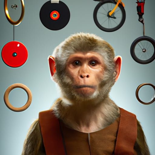 A monkey on a unicycle juggling chainsaws Closeup portrait, color