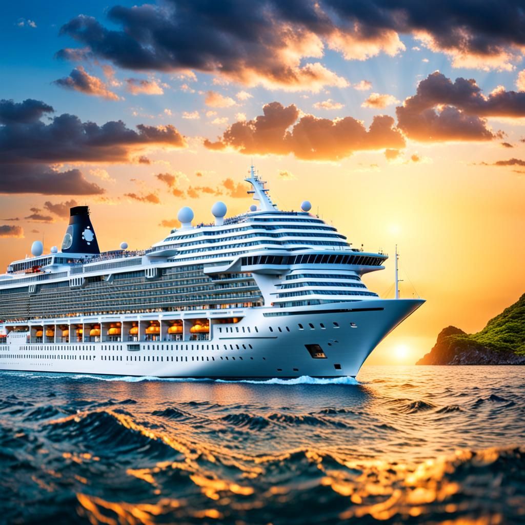 A cruise ship with passengers near an island in our ocean. intricate details, HDR, beautifully shot, hyperrealistic, sharp focus, 64 megapix...