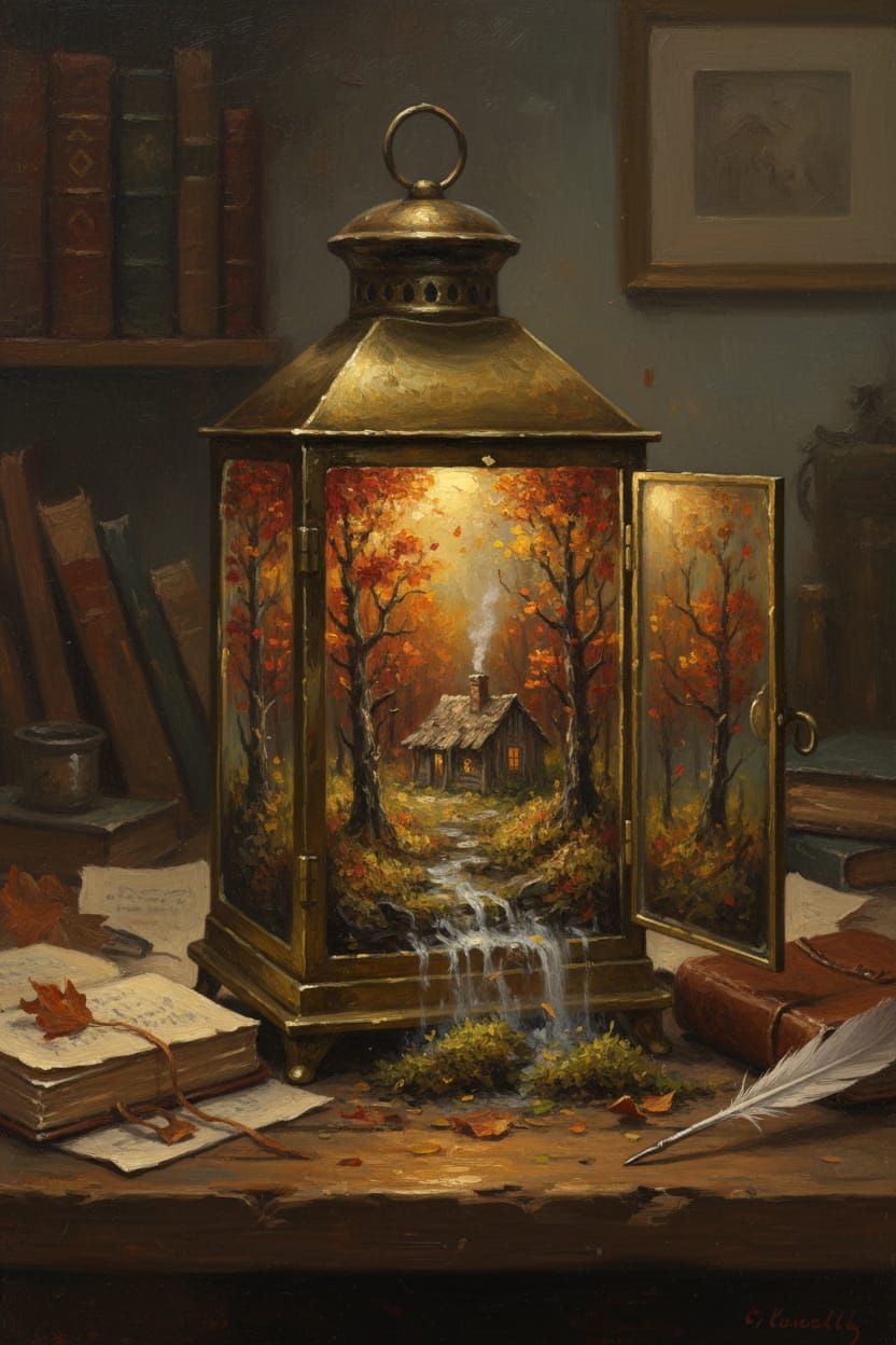 Oil painting of a (miniature autumn forest:1.3) inside an (antique brass-framed glass lantern:1.25) with ...  by @GoingJade