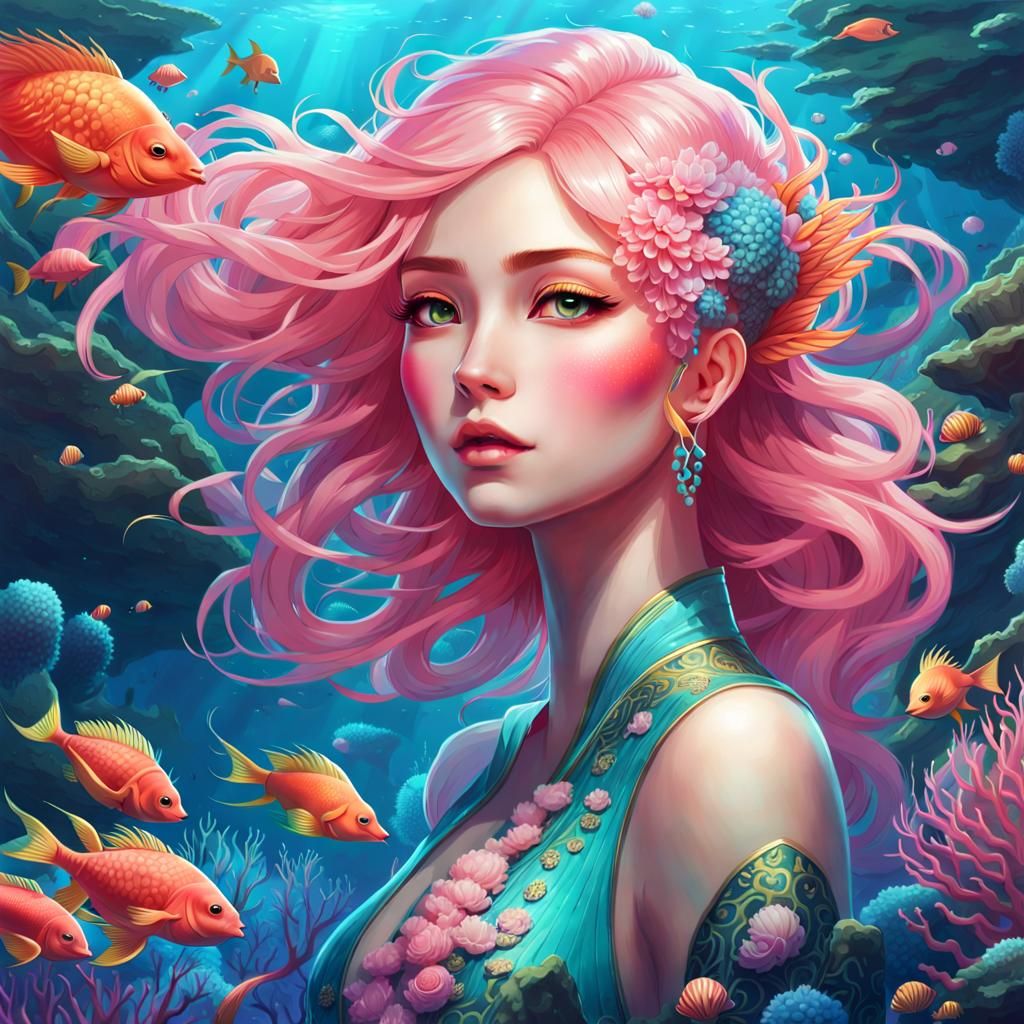 a girl with pink hair is in a coral reef, inspired by Yanjun Cheng ...