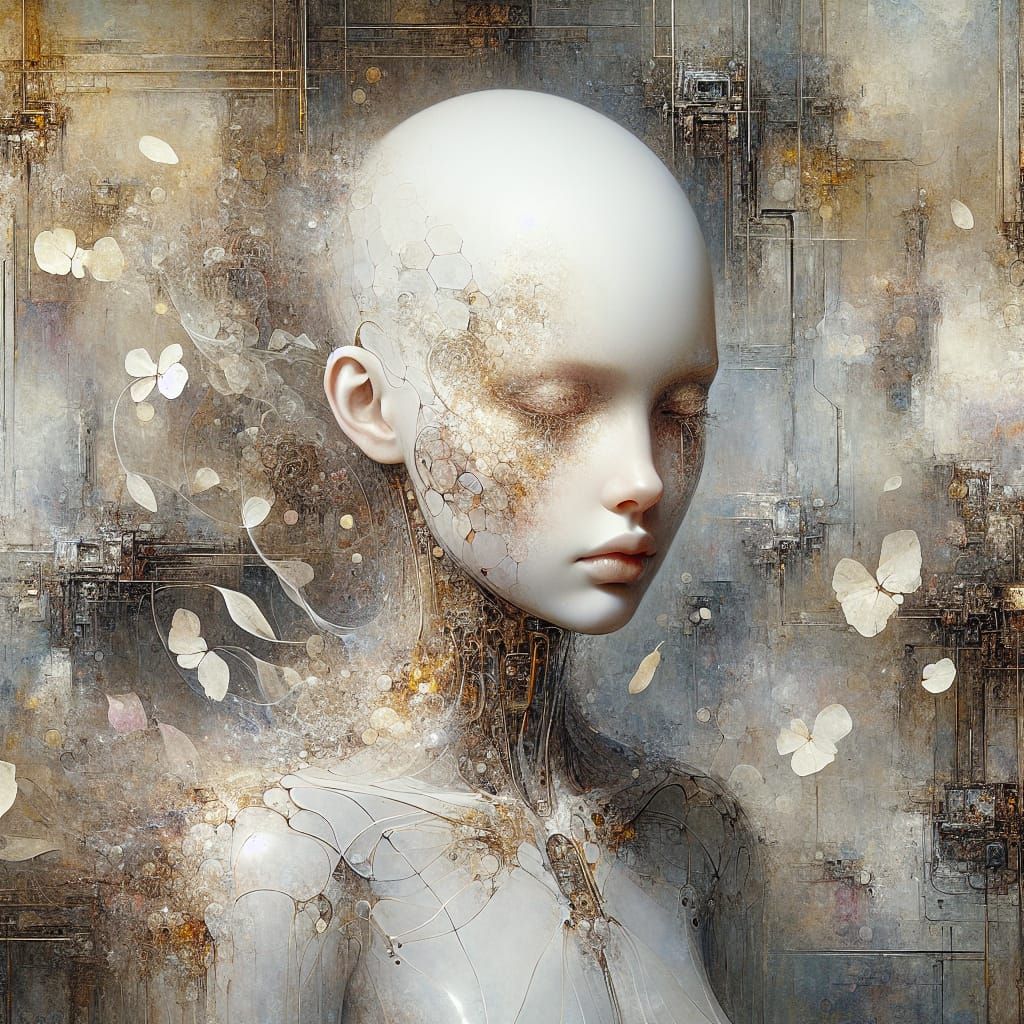 a fragile figure surrounded by shattered glass and torn petals