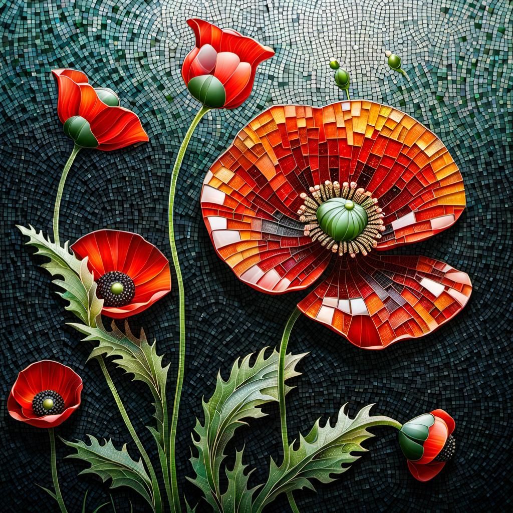 Mosaic glass poppy flower with sparkling dewdrops, the veins...