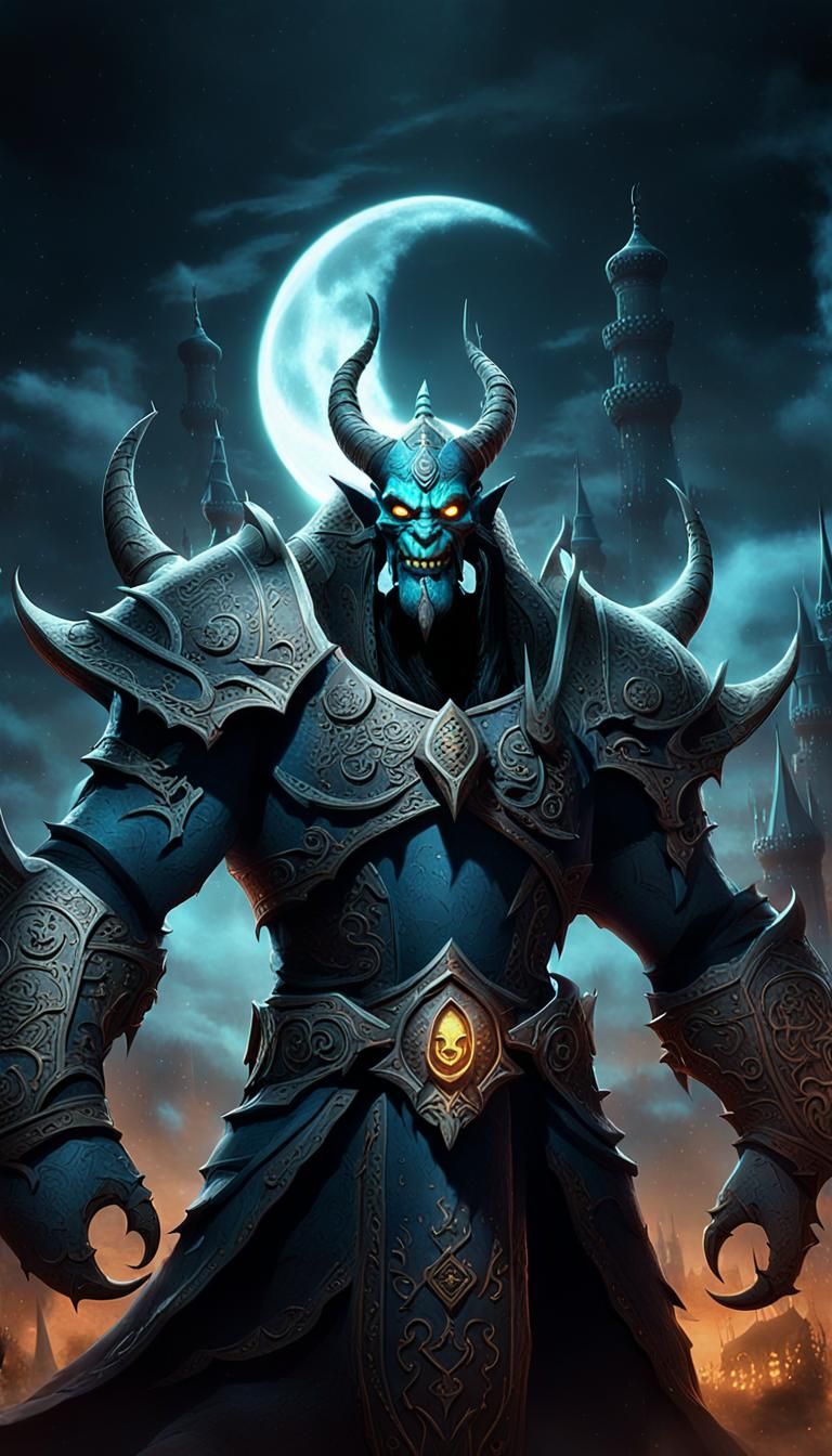 3D World of Warcraft, supervillain, Islamic elements. Gleami...