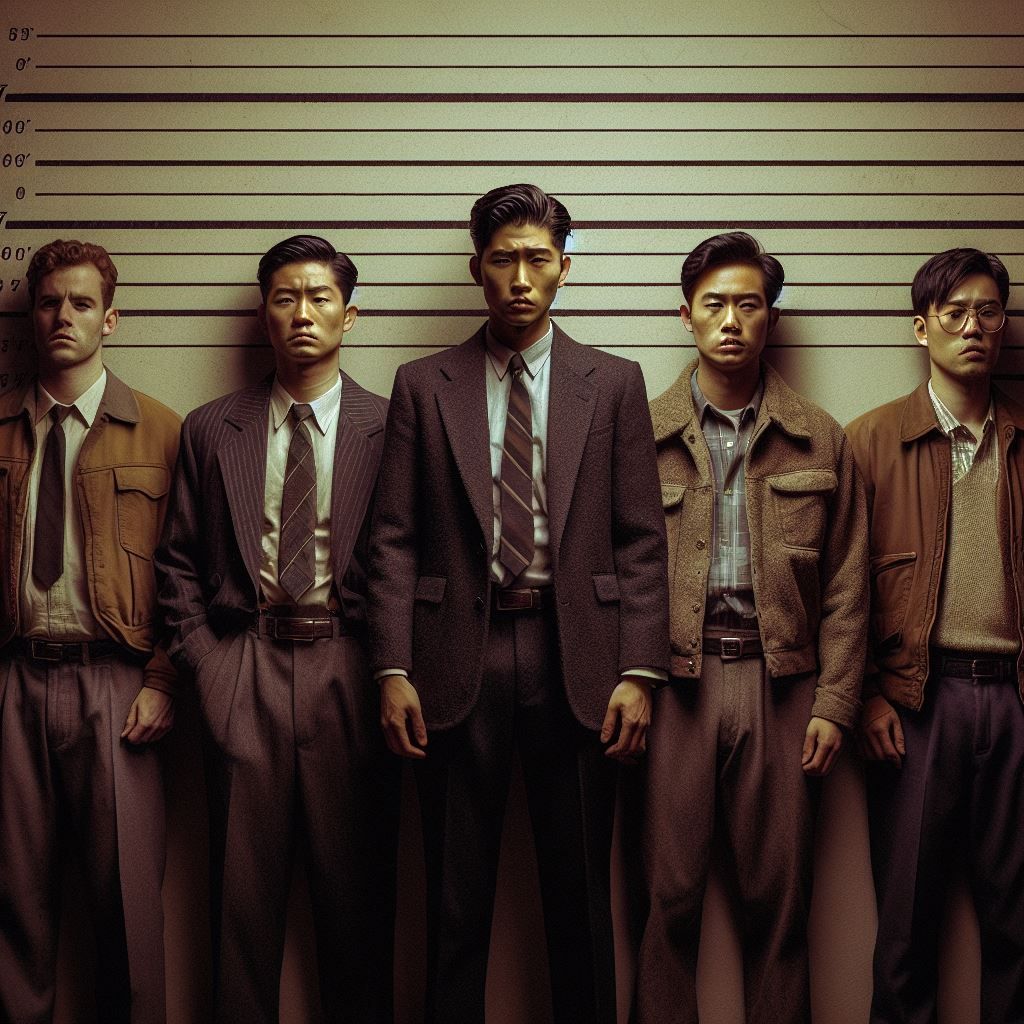 Five men are lined up