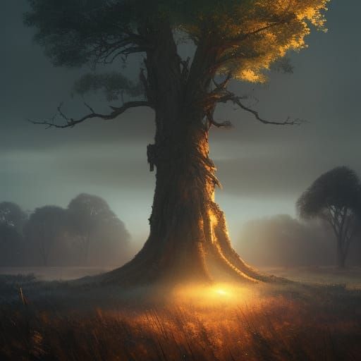 sturdy tree in a battlefield at sunrise