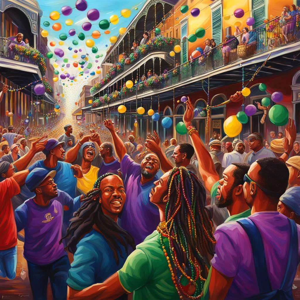 Mardi Gras on bourbon Street in New Orleans Louisiana, people catching