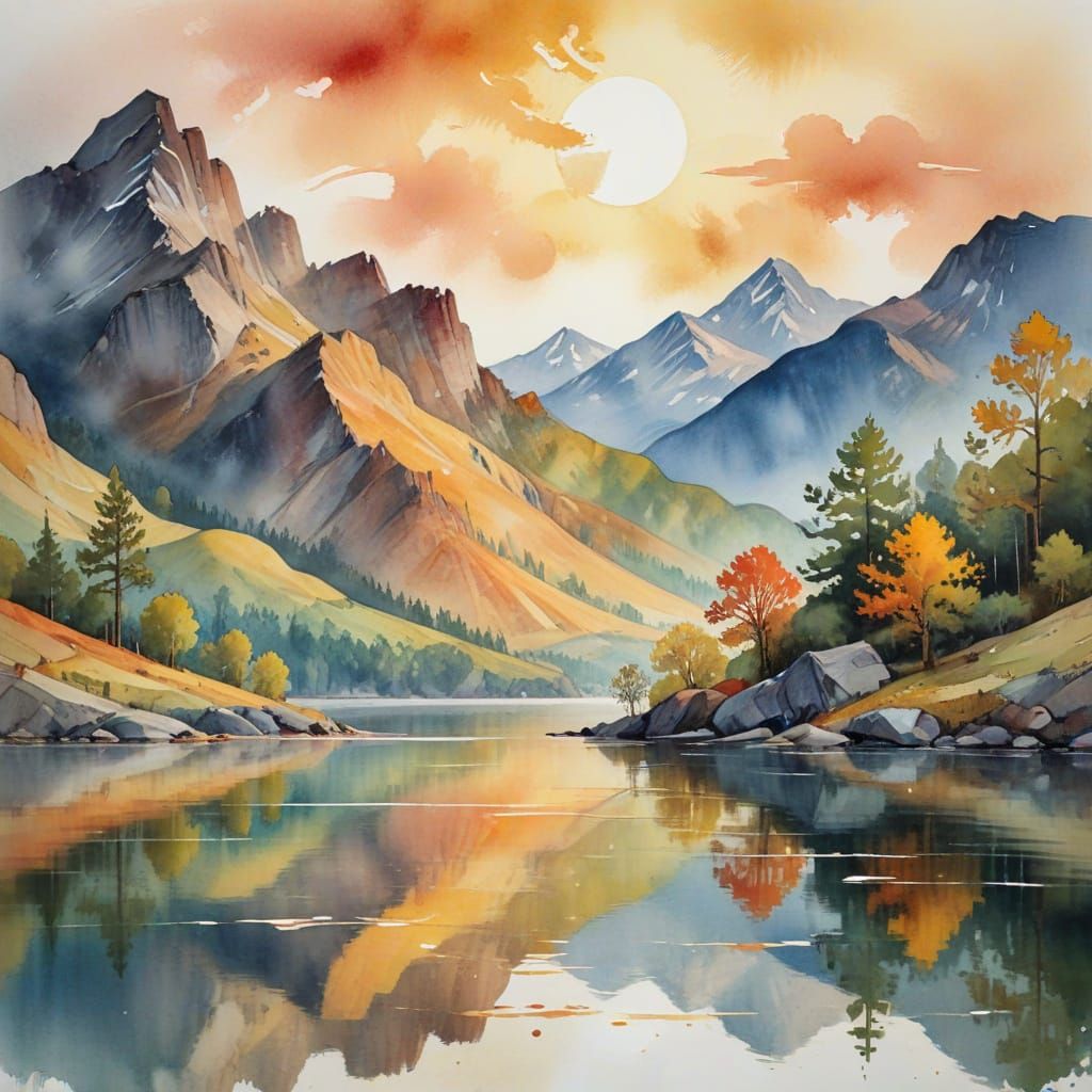 Watercolor Mountain Landscape in Ciesnik Style