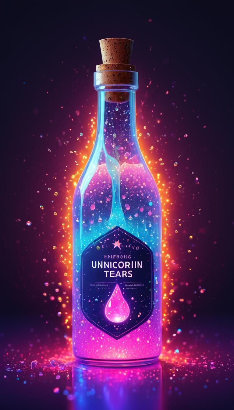 A bottle of “Energizing Unicorn Tears,” promising magical energy with a glittery glow, naïve art, Sketchlab, glowing neon, fire, futurism 