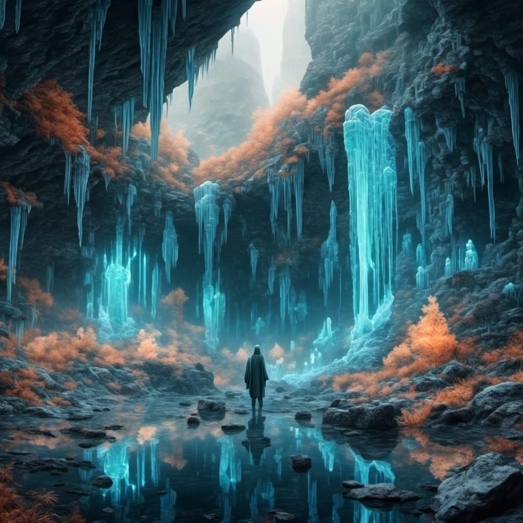 <lora:Ghostly:1.0> We are meeting at the end of all things in a mysterious underground cave with glowing crystals and an underground river,...