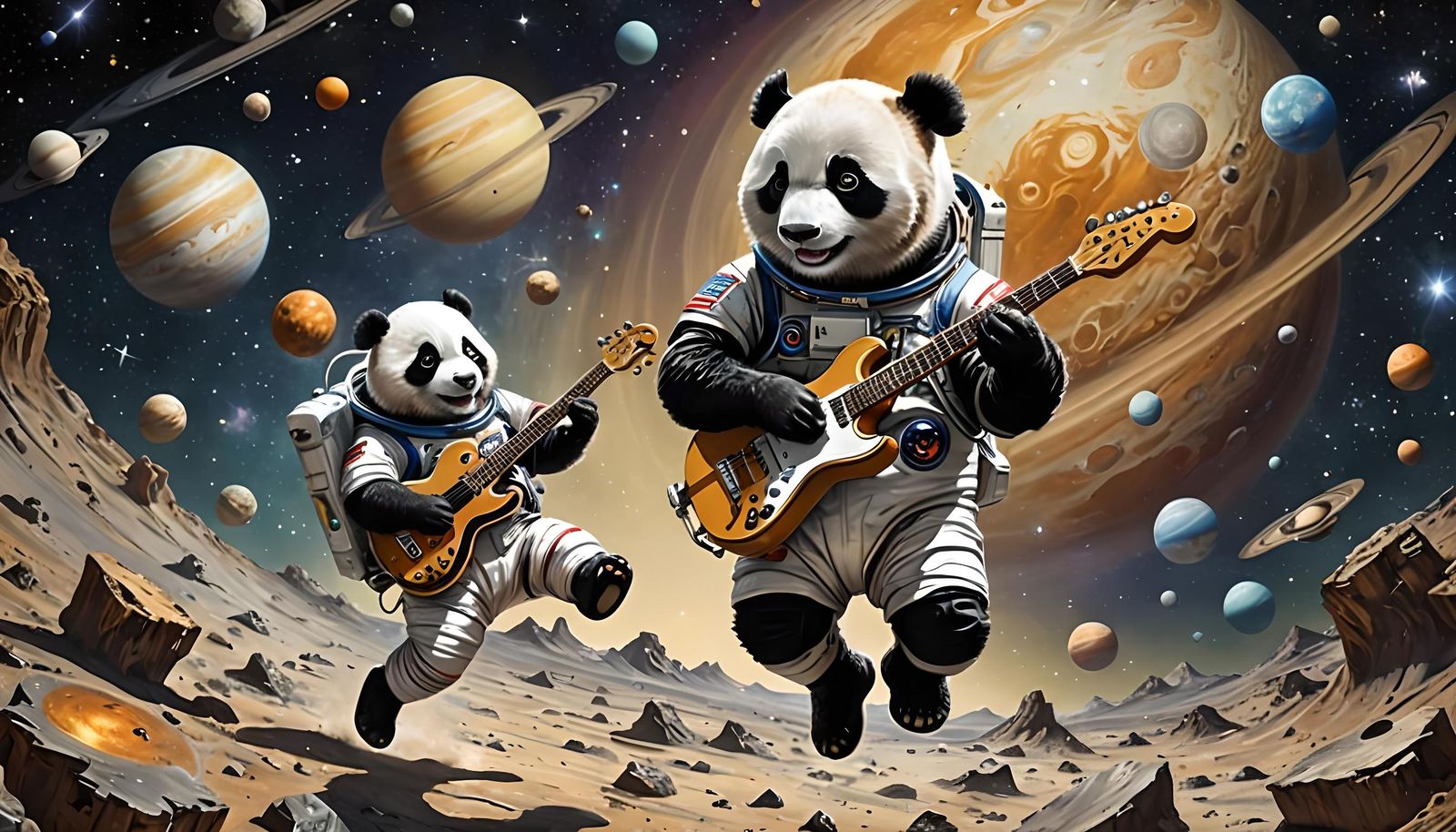 Panda in a space suit jumping on jupiter, playing a saxophon...