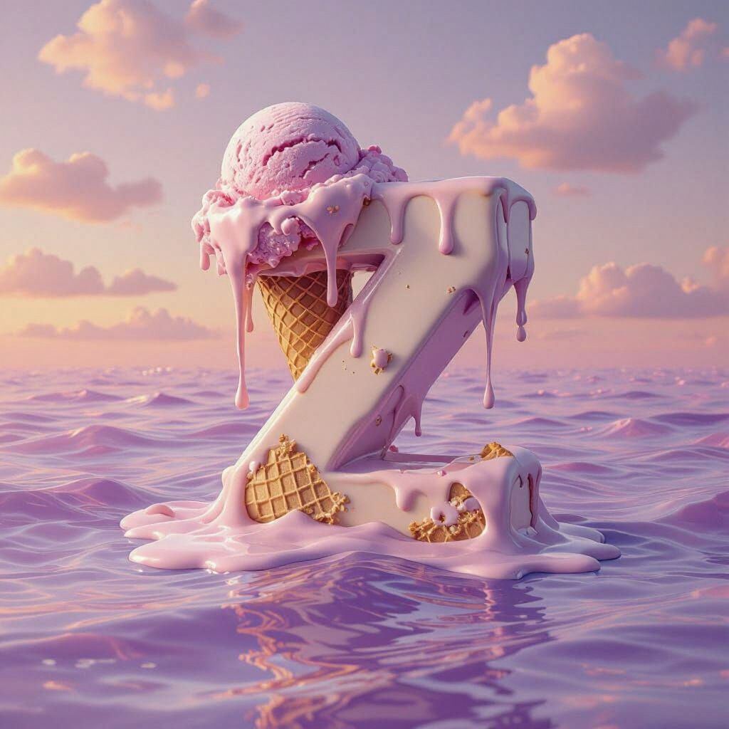 Surreal Letter Resh with Dripping Ice Cream Seascape