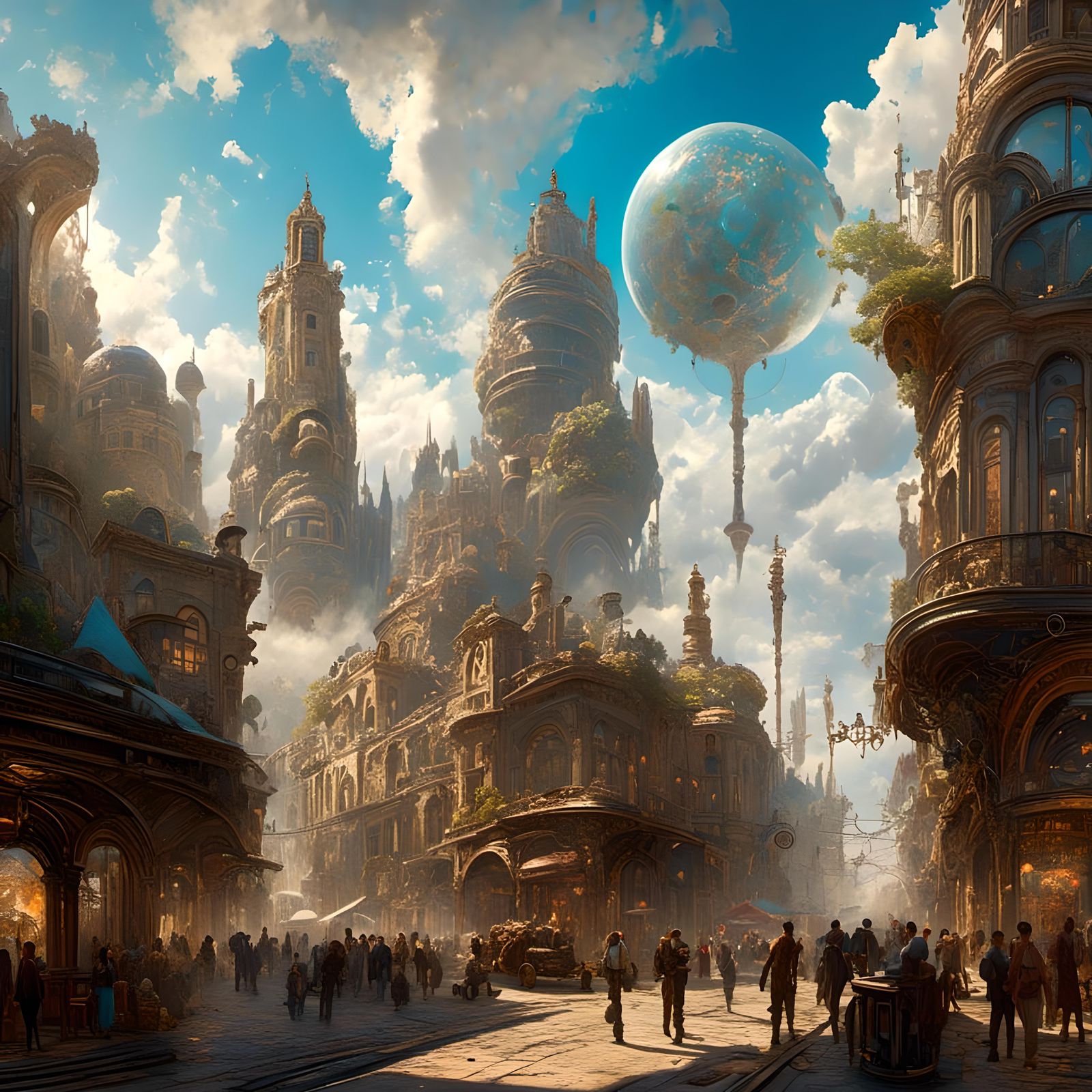 <lora:Coherent Vibrance:1.0> artistic rendition of a steampunk street with a giant raised city in the background, crowds of people in a stea...