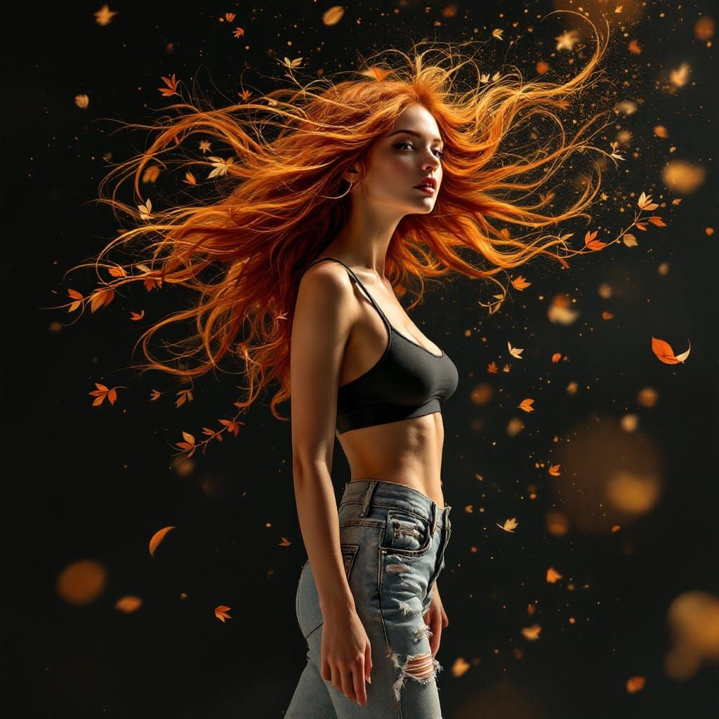 Vibrant Portrait of a Ginger-Haired Woman in Distressed Deni...