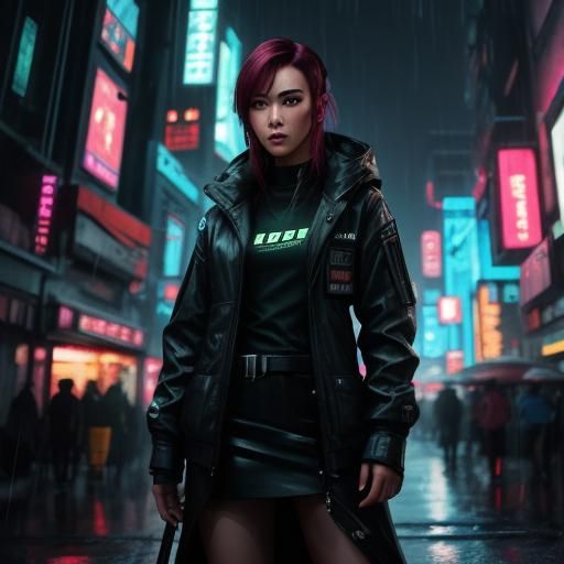 Medium shot of a female sci-fi protagonist in a cyberpunk ci...