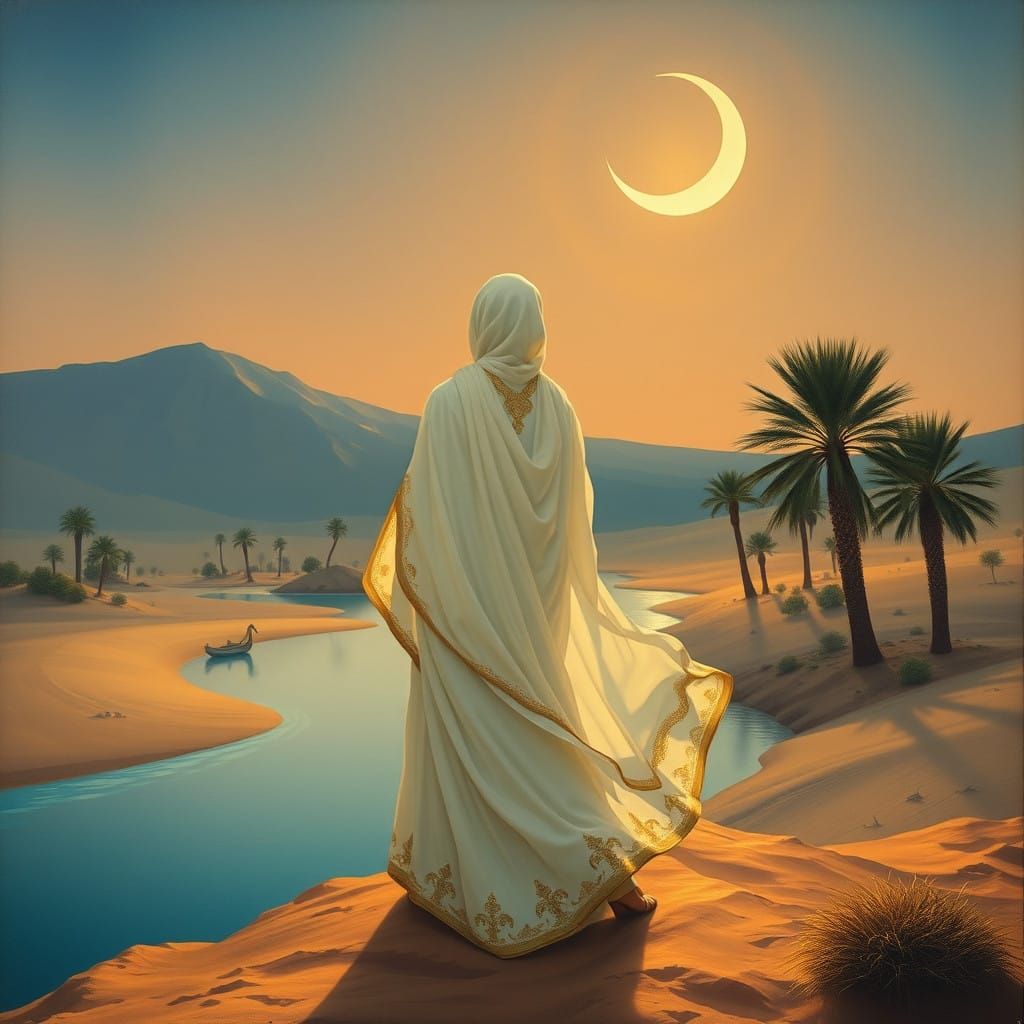 Woman in Flowing White Robe at Desert Oasis