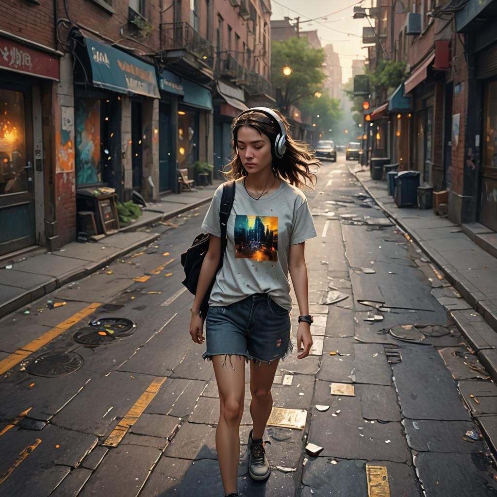 Girl Listening to Music in Atmospheric Cityscape