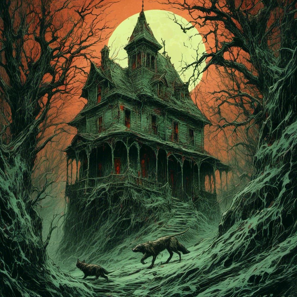 bizarre kult, fullmoon,türkisgelb-rot, <lora:Macabre:1.0> ,b...