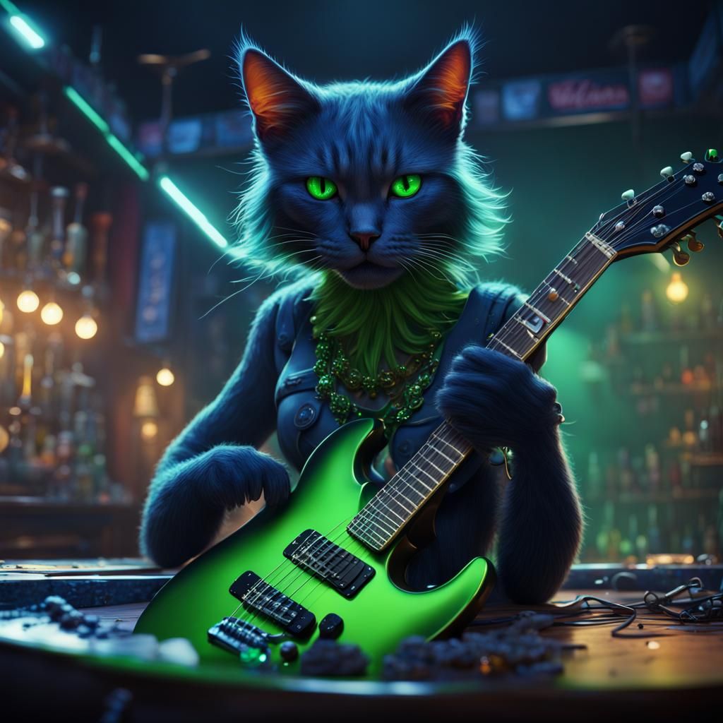 Dark Blue girl cat with bright green eyes Shredding a electric guitar ...