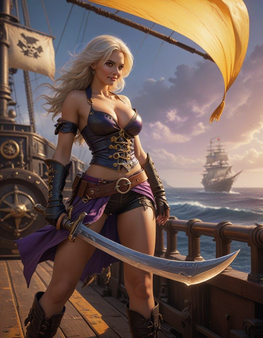 A formidable female warrior clad in intricately detailed Warhammer 40k-style armor, stands on a desolate, alien planet, with twin suns setti...