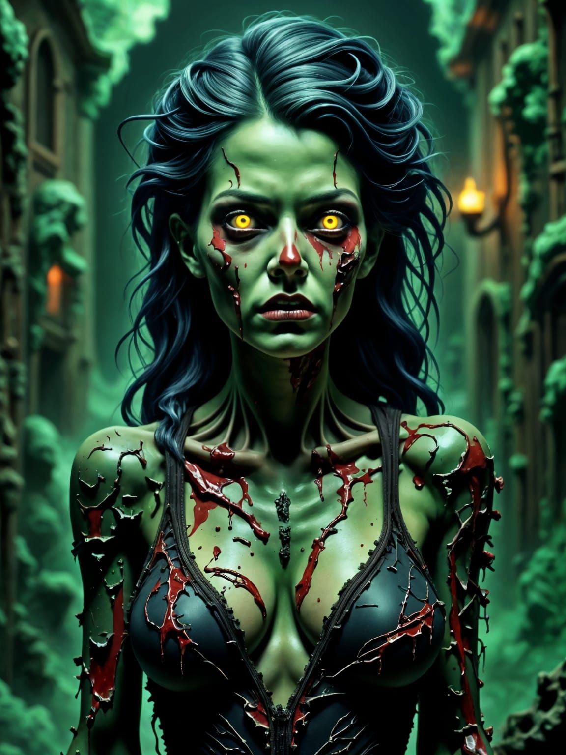 full portrait of A woman zombie Monster in reds and green hues, incredible detail  Hyperrealistic 8k resolution A masterpiece Ethereal Death...